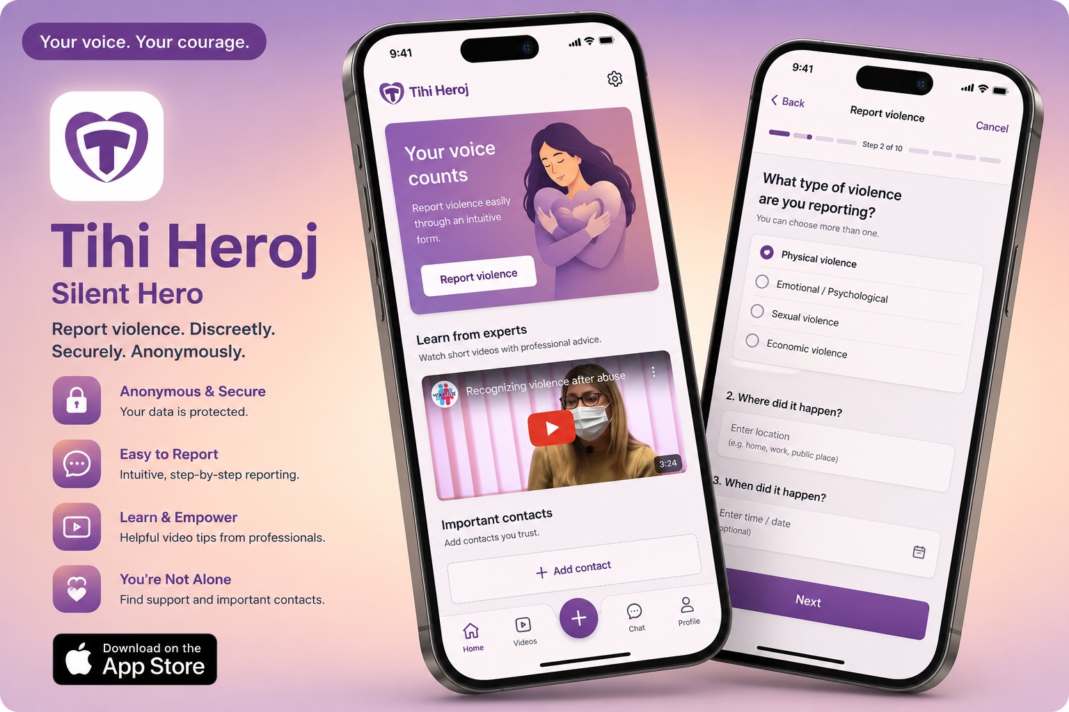 Tihi Heroj - Safe reporting and support product mockup