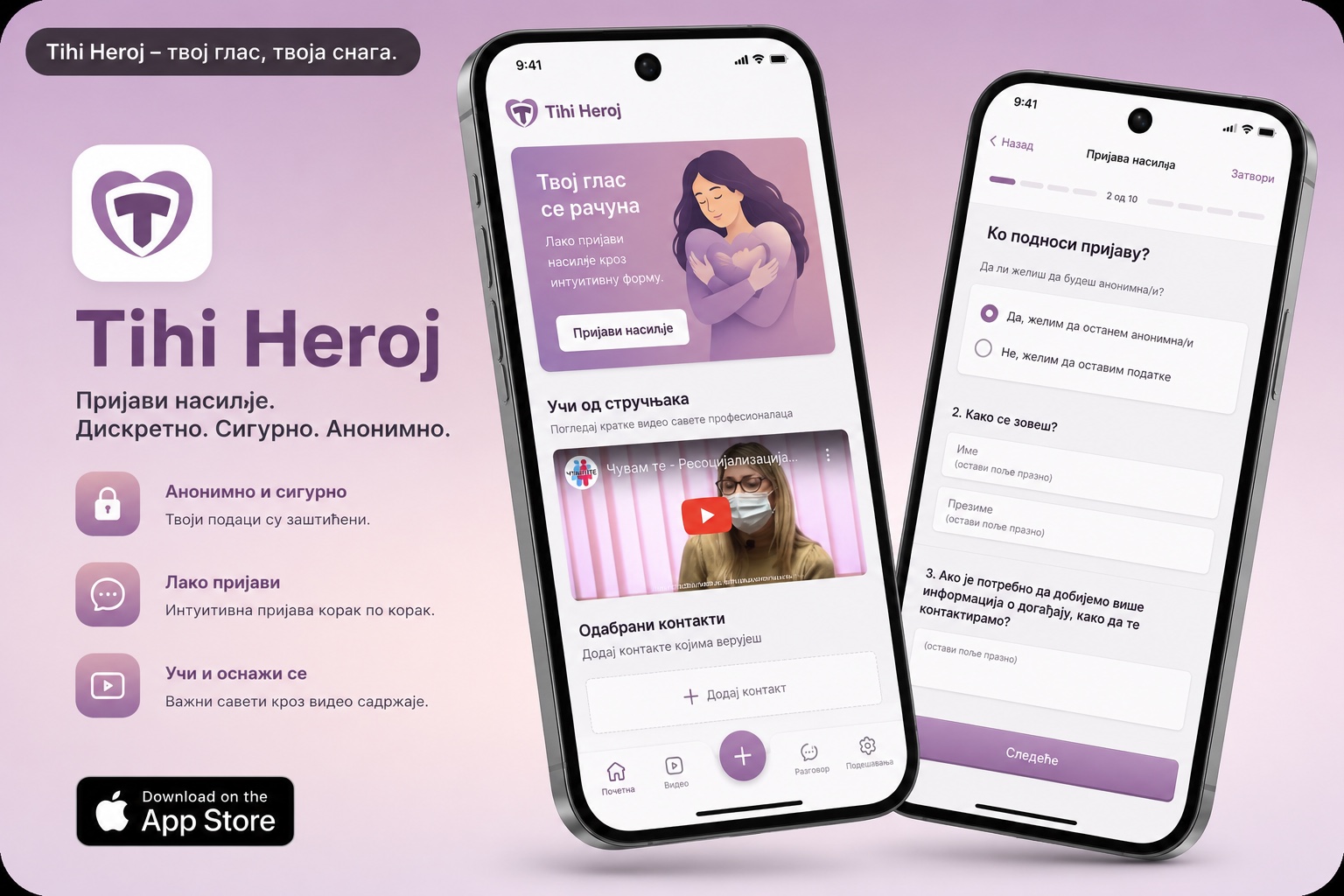 Tihi Heroj - Bezbedna prijava i podrška product mockup