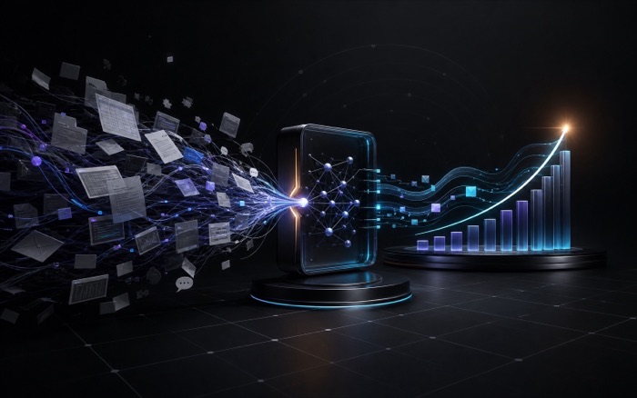 A stream of documents and manual tasks transformed by an AI system into measurable business growth