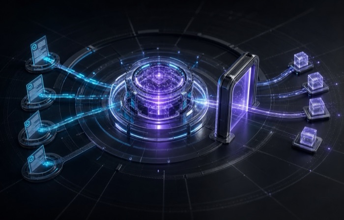 An AI core within control rings connected to approved documents and traceable outputs