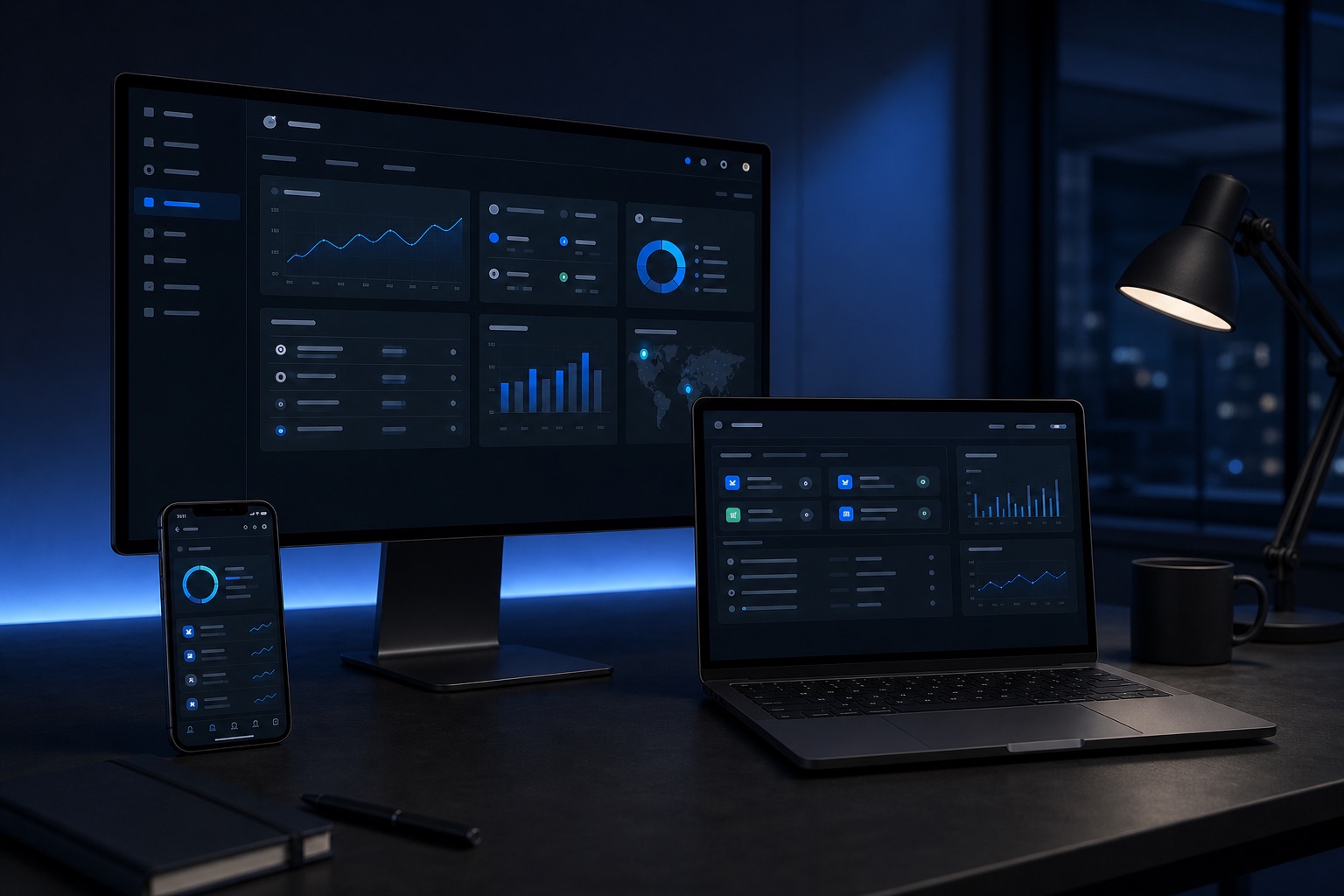 Custom web i mobilni softver prikazan na MacBook Pro računaru, desktop monitoru i telefonu